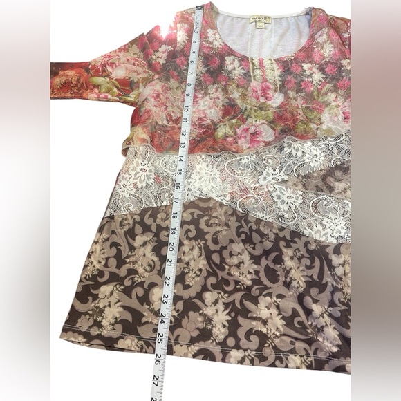 Oneworld Mixed Floral Print Lace Long Sleeve Scoop Neck Top Medium Women’s EUC - Picture 2 of 10